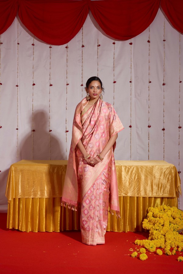 Gajri pink Pure Katan Silk Banarasi Handloom Saree